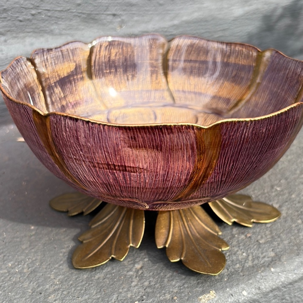 Elegant  Antique Glass Bowl with Rich Purple and Gold Hues